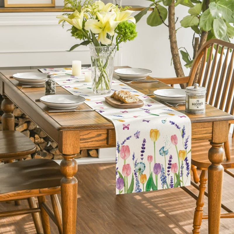 Artoid Mode Lavender Tulip Spring Table Runner, Seasonal Spring Kitchen