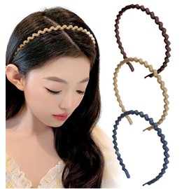 Herbeluemily Headband Hair Band, Ripped Wavy Shape, Matte, Simple, Wave, Hair Ornament, Set of 3, C, Brown, Beige, Navy