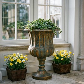 Worth Garden 24.5" H. Metal Urn Planters 1-Pack - Bronze Classic Antique Iron Plant Pots - Large Decorative Rustic Flower Pots for Outdoor Use - Traditional Urn Planter for Patio, Front Porch