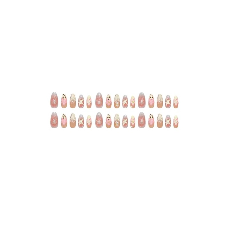 RikView Uñas postizas medianas de almendra, color rosa con diseño