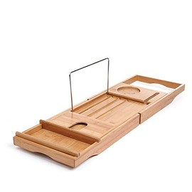 LEGENDARY-YES Natural Bamboo Bathtub Caddy with Extendable Sides Book Tablet Phone Wine Holder
