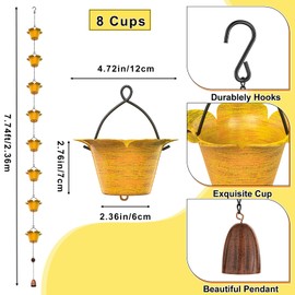 KHayRovies 7.74ft Rain Chains for Outside, 8 Bell Cups Copper Rain Gutter Chains, Metal Rain Catcher Chain for Eaves Drainage, Garden Rainwater Diverter Replacement Downspout (Yellow)