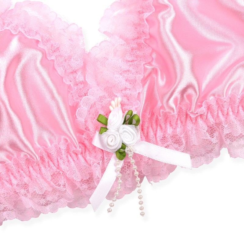 Satini Sissy Frilly Lace Fitted Satin Bralette (Baby Pink, L)