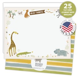 Koko Paper Co Wildly Thankful Safari Thank You Cards. 25 Flat Cards + 25 Bright White Envelopes. Made in the U.S.A.
