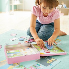 HABA Dress-up Doll Lilli Magnetic Game Box - 54 Magnet Pieces and 4 Backgrounds in a Sturdy Metal Tin
