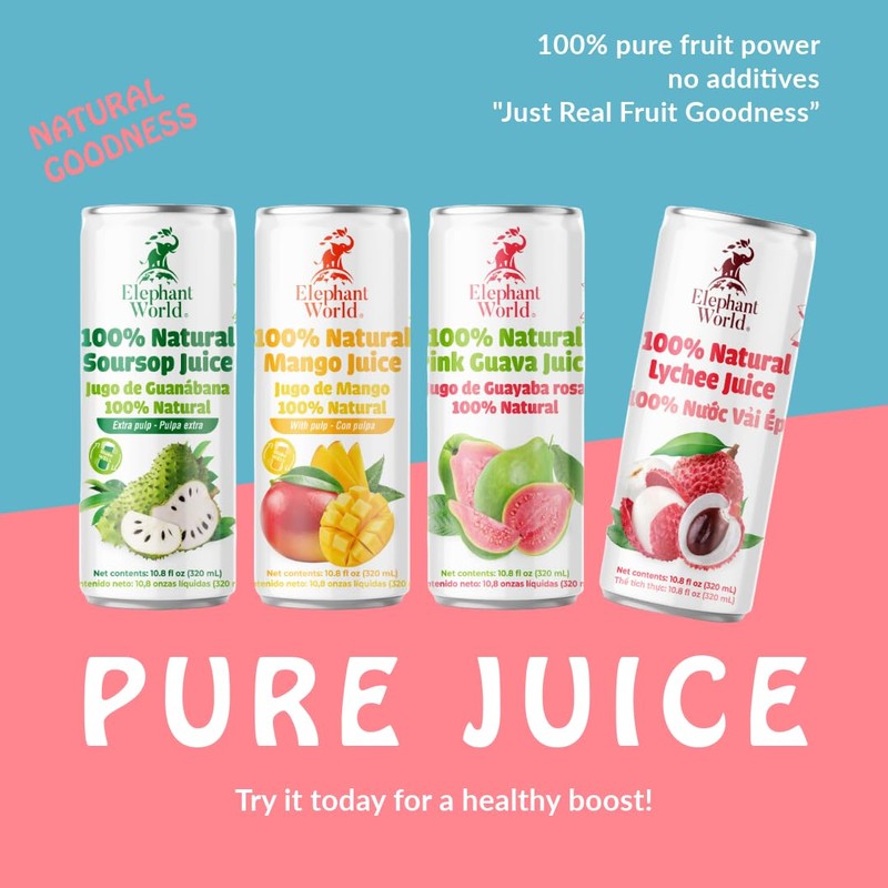 ELEPHANT WORLD 100% Natural Juices | Assorted Superfruits | Soursop-Mango-Guava-Lychee