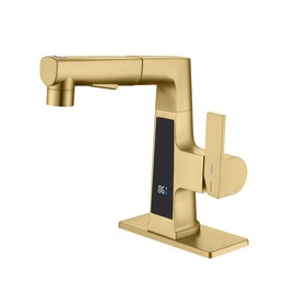 LED Bathroom Faucet with Pull Out Sprayer, Rzoeox Brushed Gold Temperature Digital Display Bathroom Sink Faucet 2 Spray Modes Brass Body RV Faucet Single Handle 1 or 3 Holes with Deck Plate