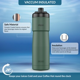 The Clean Hydration Co, Sport 23 - Botella de agua aislada para bicicleta con boquilla fácil de limpiar, fácil de apretar para ciclismo (verde mate)