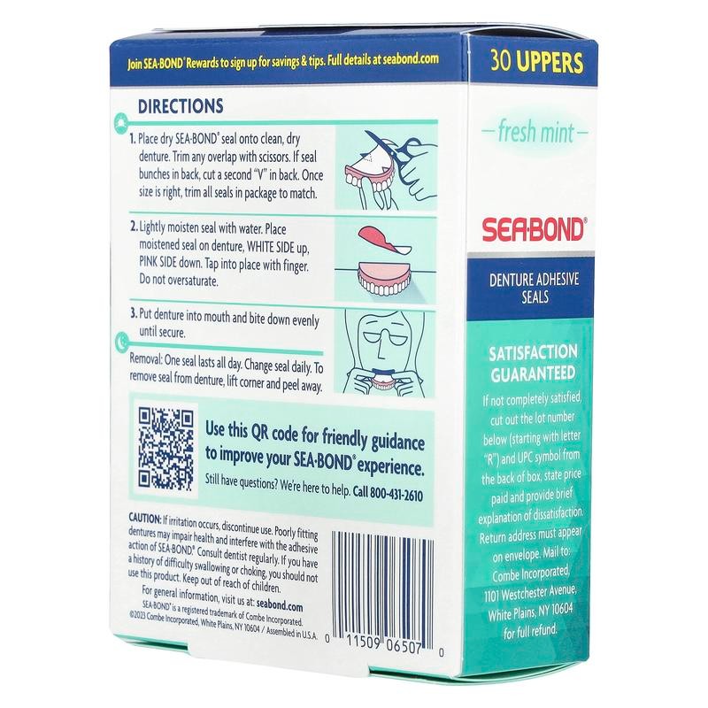 SeaBond Denture Adhesive Seals, Fresh Mint, 30 Uppers