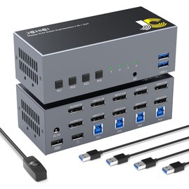 JCHICI 8K@60Hz DisplayPort KVM Switch Dual Monitor for 4 Computers | 4K@144Hz DP 1.4 w/DSC | USB 3.0 Hub & Hotkey Switching | 1.5m Remote Controller
