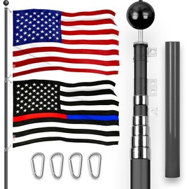 G128 Combo Pack: 25 Ft Telescoping Aluminum Flagpole (Black) & American and Thin Blue Red Line Flags 3x5 Ft, Both ToughWeave Series Embroidered Polyester | Pole with Flags Included