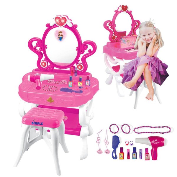 DIMPLE 2-in-1 Musical Piano Vanity Set Girls Toy Makeup Accessories Working Piano, Flashing Lights, Big Mirror, Pretend Cosmetics, Hair Dryer, Princess Image Appears in Mirror(7 AA Batteries Included)