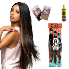 Compatible with BOBBI BOSS - 20/22/24 Inch Heat-Resistant Synthetic Hair Bundles with Wig Cap & Glue - Multi-Length Straight Weave for Instant Volume, Natural Look, DIY Friendly (TP1B/30)
