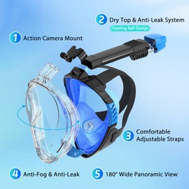 Jwintee Diving Mask, Snorkel Mask, Full Mask, 180 Degree Vision Diving Masks with Panoramic Full Face Design, Sports Cameras, Compatible Diving Goggles for Adults and Children (Blue, S/M)