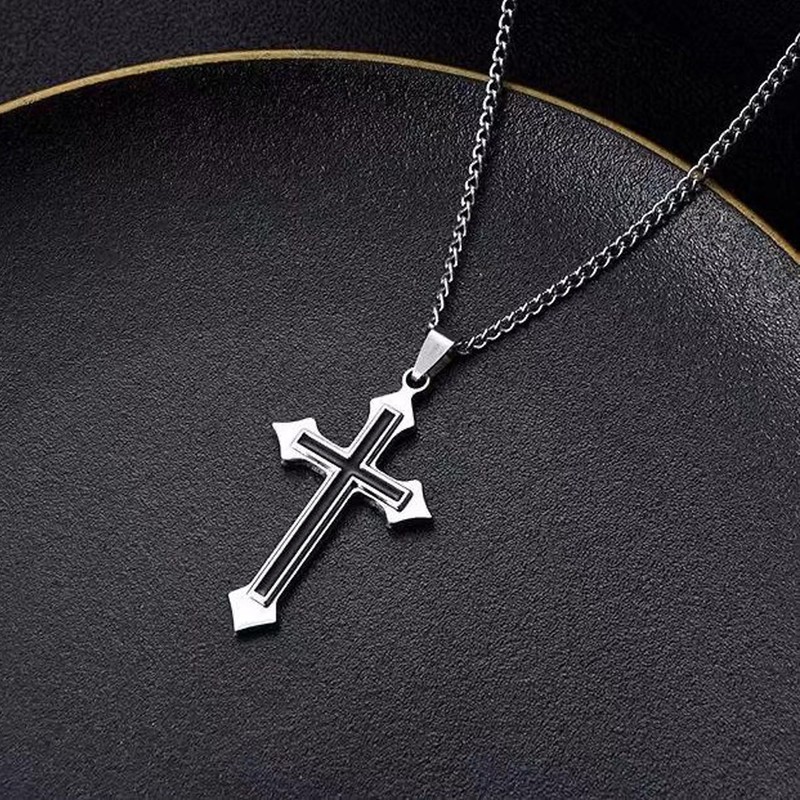 LUSKINNO Traditional Men's Titanium Steel Cross Necklace, Black Bright Cross