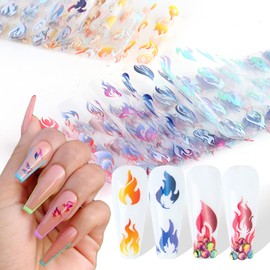 Holographic Nail Foil Transfer Stickers Decals, Flame Nail Polish Sheets Sky Starry Paper Transfer Foils Fire Flame Nails Supplies for Nail Transfer Glue Women Manicure Nail Film Decorations