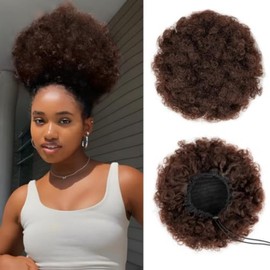 YEAME Afro Puff Drawstring Ponytail for Black Women, Short Kinky Curly Afro Ponytail Synthetic Hair Puffs, Premium Medium Brown Afro Bun Drawstring Ponytail for Women Girls (4 Medium Brown)