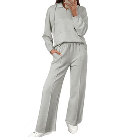 Aleumdr 2 Piece Sweat Suits for Women Casual Long Sleeve Half Zip Top Kangaroo Pocket and High Waisted Athletic Pants Two Piece Lounge Sets Light Grey Large