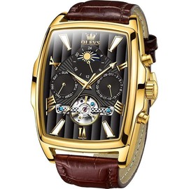 OLEVS Mechanical Dress Mens Watches Square Brown Leather Strap Moon Phase Skeleton Tourbillion Day Date Waterproof Luminous Men's Wrist Watches - Color: brown strap & gold bezel & black dial