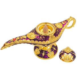 Aonfubu Vintage Aladdin Genie Lamp Cone Incense Holder,Legend Magic Lamp Incense Burner Arabian Costume Props,Wishing Light for Home Decor Birthday Party Wedding Purple