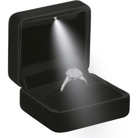 Classic Metal Glossy  Ring Box with LED Light,  Ring Gift Box for Proposal Engagement Wedding Anniversary Birthday Ceremony (Black) - Color: Coffee