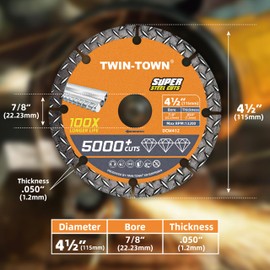 TWIN-TOWN 4 1/2" Diamond Cutting Wheel with 7/8" Arbor, Metal Cut Off Wheel, Carbide Cutting Wheel for Angle Grinder, 5000+ Cuts on Rebar, Steel, Iron, and INOX,2 Pack