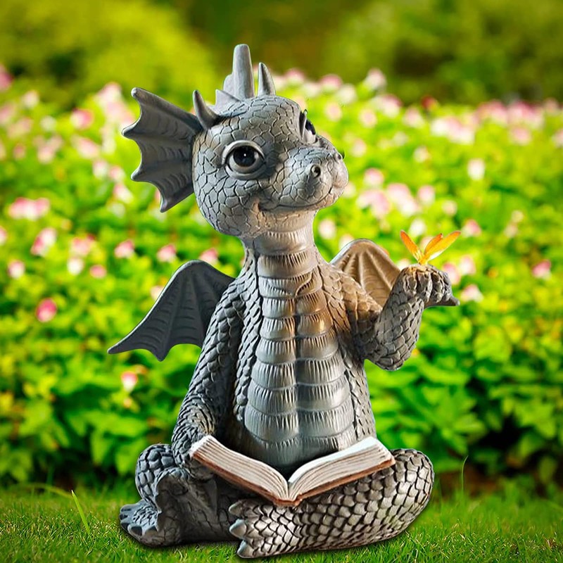 Youery Dragon Reading Book Statue, Beautiful Yard Sculpture, Resin Garden