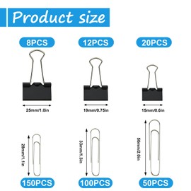 340 PCS Paper Clips and Binder Clips Assorted Sizes, 28mm 33mm 50mm Silver Paperclips&15mm 19mm 25mm Black Foldback Binder Clip Set for Home&School&Office Document Organizing,Supplies Desk Essentials