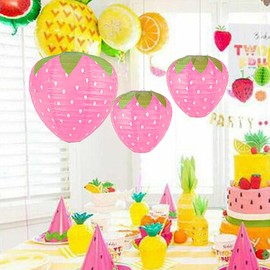 3Pcs Pink Strawberry Party Lantern Decorations Fruit Themed Party Decor Strawberry Birthday Baby Shower Decorations for Girl Hungry Caterpillar Party Supplies Hanging Ornaments