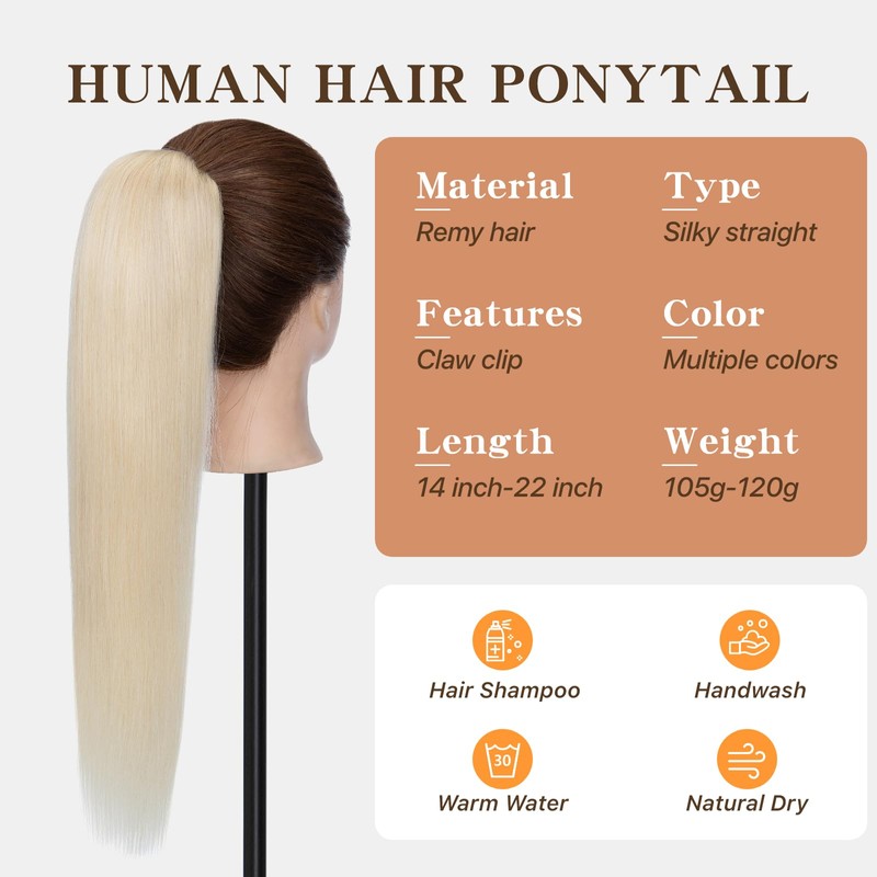 TESSHAIR Claw Clip In Ponytail Extension, 100% Human Hair Ponytail
