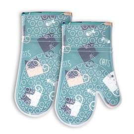 YOMOE Oven Mitts, Heat Resistant Silicone Cat Oven Mitts 2Pcs Kitchen with Non-Slip Silicone Stripe and Soft Cotton Printing Lining Long Oven Gloves for Cooking, BBQ, Baking-Blue