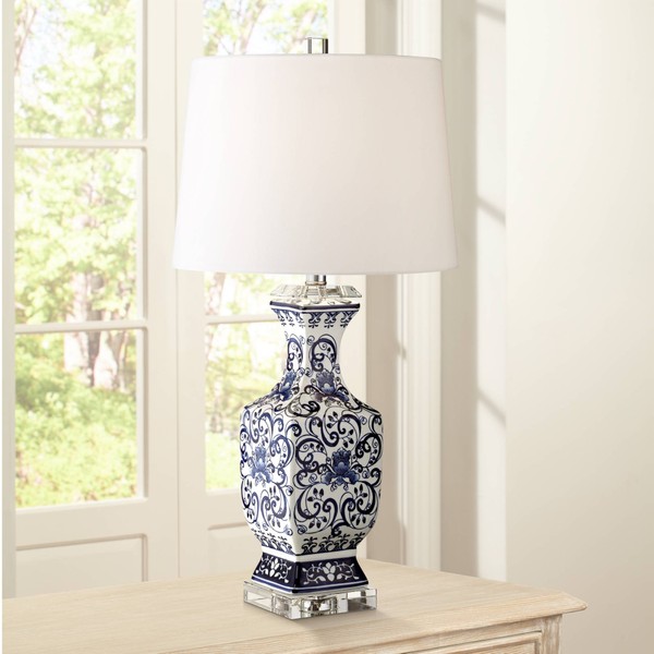 Iris Vintage Asian Chinese Style Table Lamp 28" Tall Porcelain Blue Floral Jar Geneva White Drum Shade Decor for Living Room Bedroom House Bedside Nightstand Home Office Reading - Barnes and Ivy