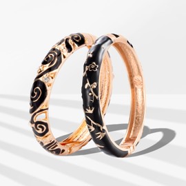 UJOY Vintage Jewelry Cloisonne Handcrafted Enameled Gorgeous Rhinestone Flower Gold Hinged Cuff Bracelet Bangles Gifts 88A17-55A117 Black