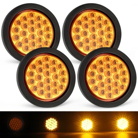 Partsam 4X 4 Inch Round Amber Strobe Lights 24 Diodes LED Trailer Truck Stop Turn Tail Light with Rubber Grommet 3-Prong Wire Pigtails, 12V, Amber Lens