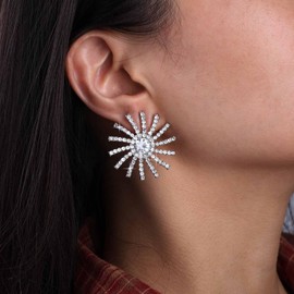 Cimenexe Bohemian Crystal Sun Stud Earrings Silver Cz Paved Sun Earrings Vintage Sunburst Stud Earrings Large Rhinestone Fireworks Earrings Jewelry for Women