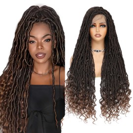 ROSEBONY 36" Full Lace Goddess Faux Locs Wig for Black Women Premium Hand-Braided Japanese Synthetic Fiber Wigs with Baby Hair Glueless Design Goddess Inspired Style Wigs with Curly Ends (1B/30)
