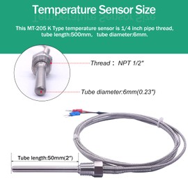 Twidec/2M NPT 1/4" inch (6X50MM) Pipe Thread Temperature Sensor Probe Two Wire Temperature Controller (0~600℃) 304 Stainless Steel K Type Thermocouple MT-205-1/4