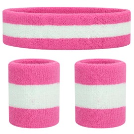 ONUPGO Sweatbands Set Headband Bracelets Neon Sport Fitness 80s Costumes Accessories 80s Workout Outfit for Men Women (Pink/White/Pink)