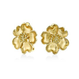 Heart Petals Flower Cubic Zirconia CZ Clip On Earrings For Women Non Pierced Ears Matte 14K Gold Plated Brass