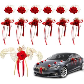 OLizee® 13Pcs Wedding Car Decorations Set with Suction Cups Wedding Party Flower Kit Wedding Car Decor Red Flowers Artificial Rose Flowers for Wedding Car