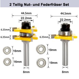 Sinoprotools 2-Piece Tongue and Groove Milling Cutter Set, 8 mm Shaft for Electric Routers, Groove Cutter with 2 Bearings, Wood Cutter for Wood Cutter Tools and DIY