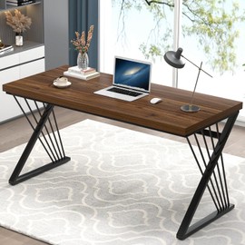 FOLUBAN Office Desk, Modern Wood and Metal Home Desk, Writing Study Work Desks for Bedroom, Industrial PC Gaming Table for Living Room, Walnut, 60 Inch