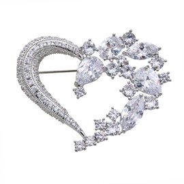 Heart Brooch Pins for Women Fashion Valentine Love Sliver White Rhinestone Jewelry