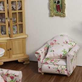 Dollhouse Couch with Pillow 1 12 Scale Miniature Sofa Arm Chair Living Room Furniture Wooden Fabric Frame Single Reading Chair Artificial House Room Scene Decoration (Pink)