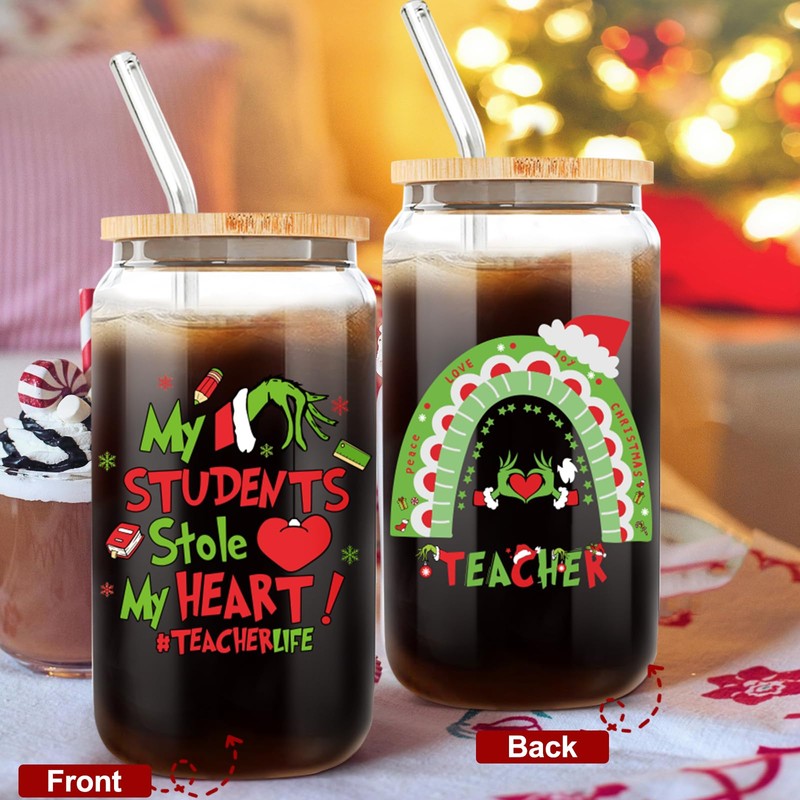 Hanmsen Teacher Christmas Gifts,16oz Funny Christmas Grin-ch Cups for Teacher,Teacher