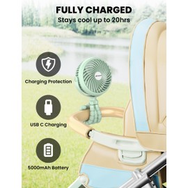 AMACOOL Baby Stroller Fan - 5000mAh Rechargeable, 3-Speed, Strong Yet Quiet, 360°Rotate Portable Clip on Fan for Travel, Car Seat, Crib, Bike, Treadmill, Beach Vacation Essentials