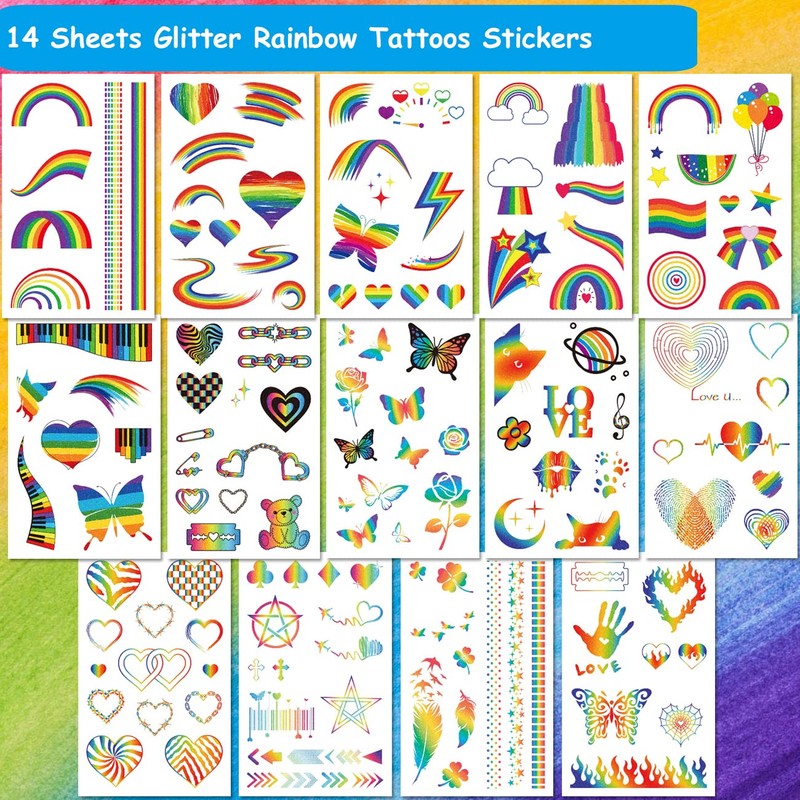 CHARLENT Glitter Rainbow Temporary Tattoos - 140 PCS Glitter Pride