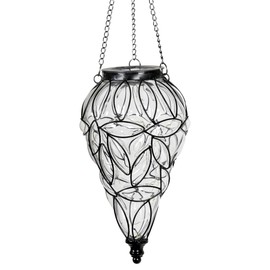 Naboher Solar Hanging Lantern Outdoor Garden Lights, Tear-Shaped Glass and Metal Hanging Lantern, 15 Firefly LED Lights, 7 x 24 Inch,(Clear)