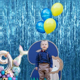 Lake Blue Party Backdrop Fachoige 9 Packs of 3.2ft*6.6ft Metallic Tinsel Foil Fringe Curtains for Kids Boy Birthday Sea Holiday Celebration Party Decorations and Photo Booth Props