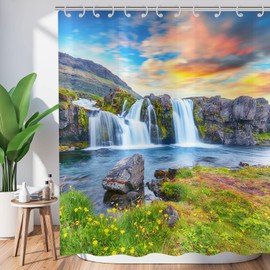 ASDCXZ Shower Curtain 180x200 cm, Natural Landscape Mountains and Rivers Waterfall Flowers Grass Washable Bath Shower Curtains Polyester Textile Waterproof Shower Curtain for Bathtub with 12 Hooks